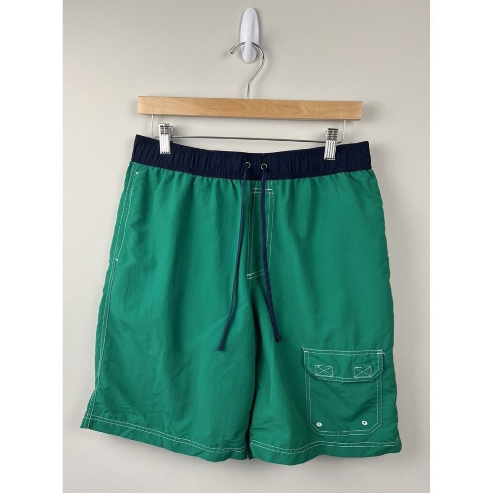 LL Bean Classic Supplex Green Blue Band Mens Swim Trunks Bathing Suit Medium